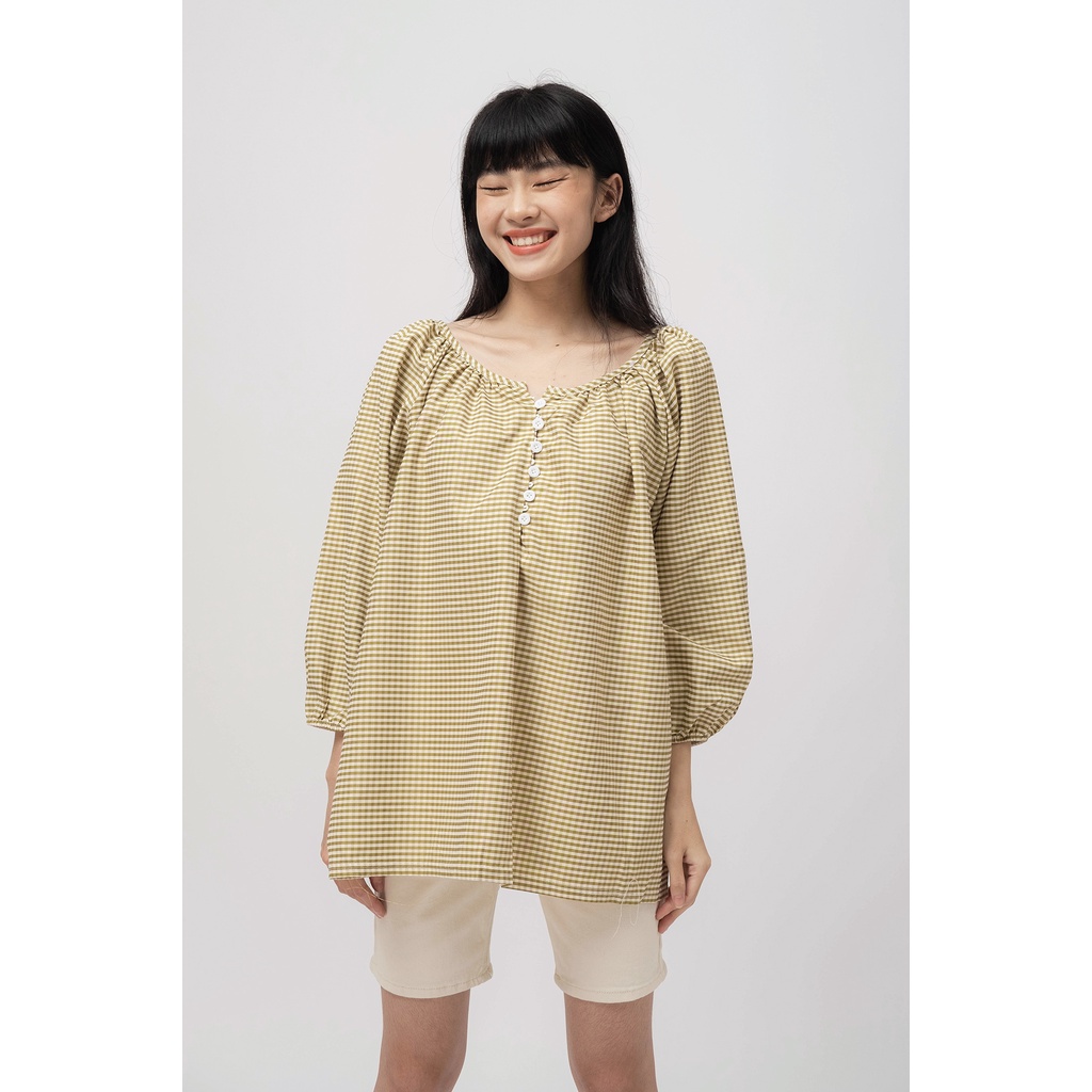[SALE UP TO 50%] Áo cổ tròn phối nút tay dài caro LENCLOTHING 7453
