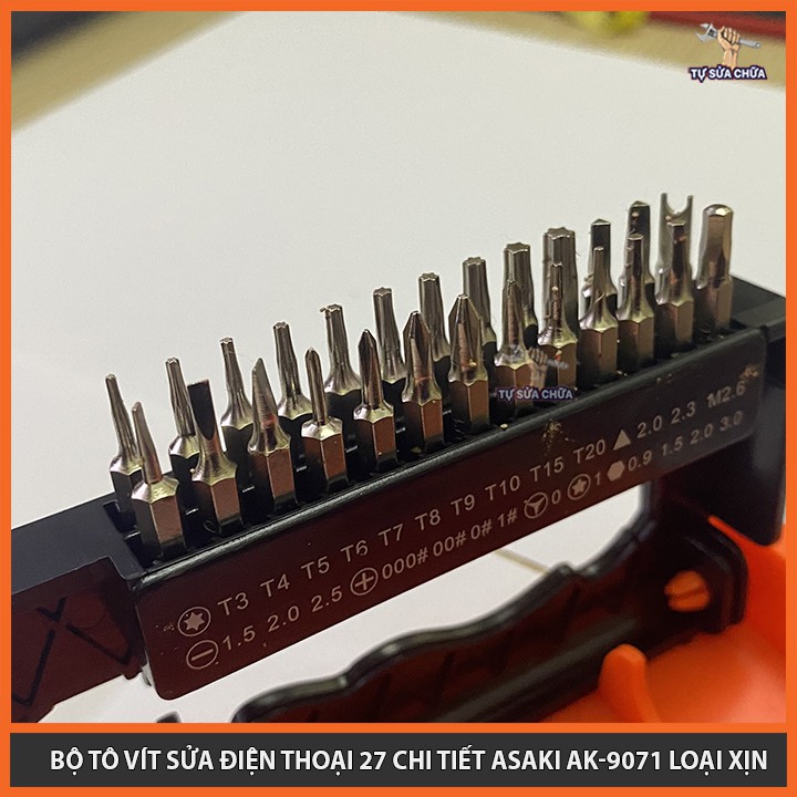 Bộ tô vít sửa điện thoại 27 chi tiết chính hãng Asaki AK-9071, đầy đủ các mũi vít, mở được tất cả các loại ốc vít