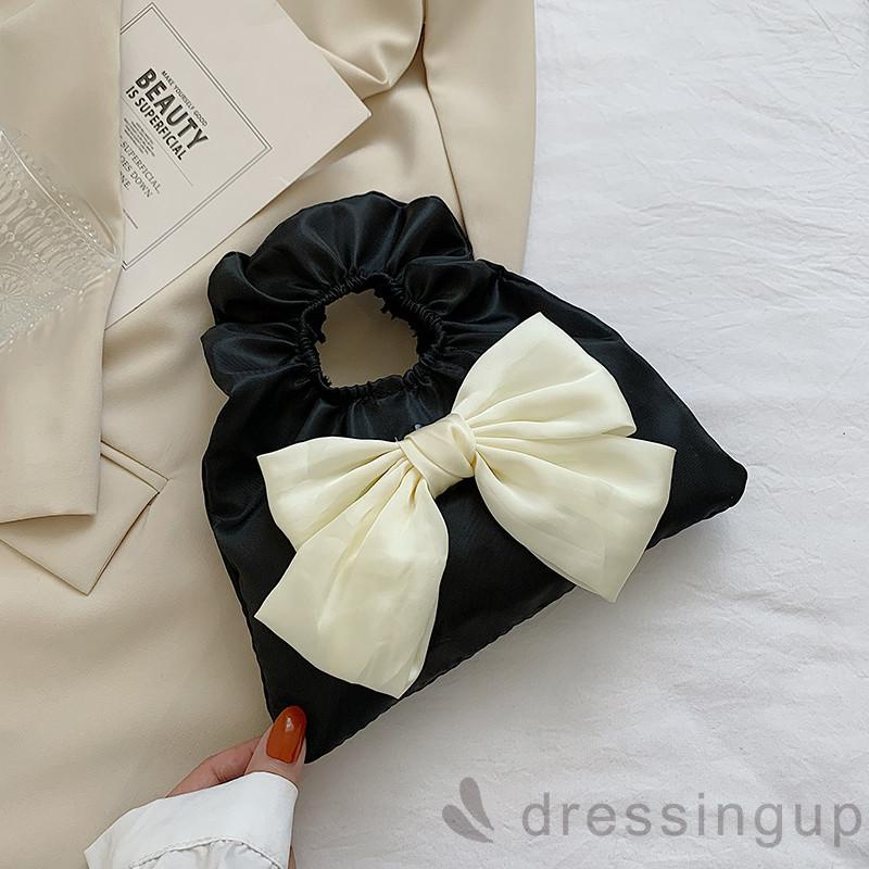 DRE-Women Elastic Rubber Band Handbag, Ruched Tote Bag with Bow Knot Decor, White/ Black