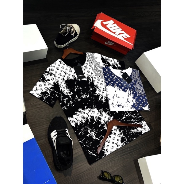 Áo Phông Nam Lv cao cấp Was sơn full áo - Áo Thun Quảng Châu lv in chữ toàn thân 2 màu trắng đen