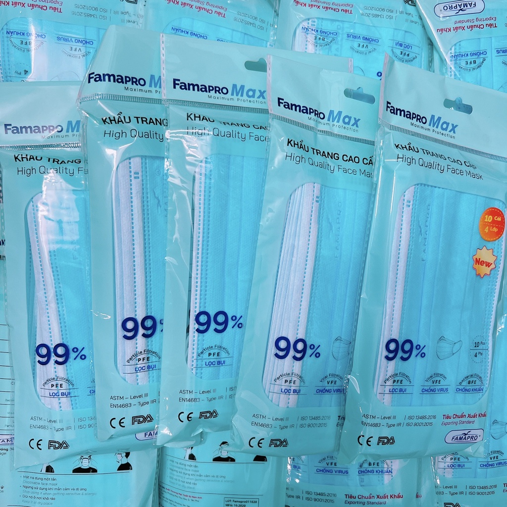 Combo 5 túi khẩu trang y tế 4 lớp kháng khuẩn cao cấp Famapro max, khẩu trang y tế xanh