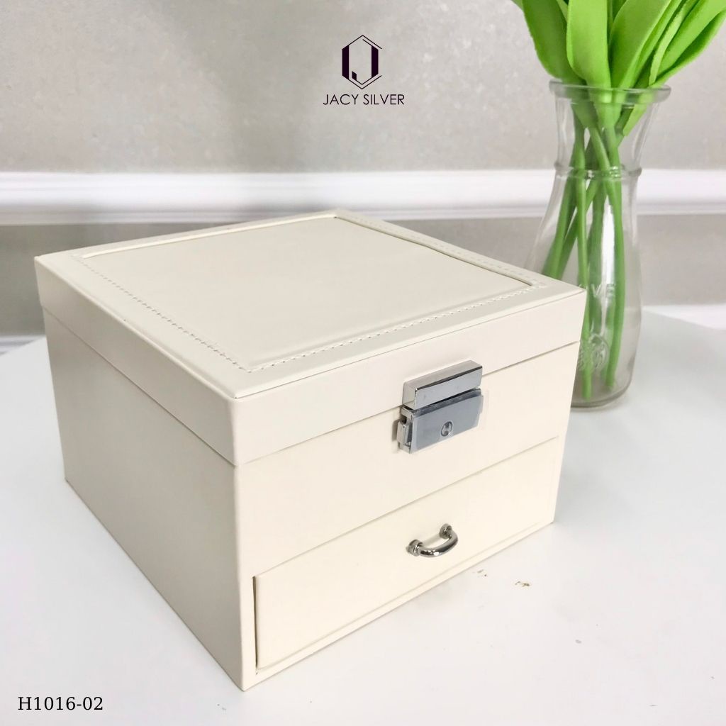 Hộp da đựng trang sức, dây chuyền, nhẫn, khuyên tai 2 tầng kèm gương H1016