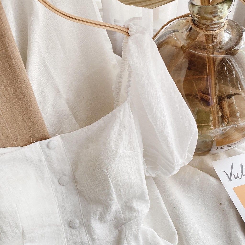 [Mã SKAMA06 giảm 8% tối đa 50K đơn 250K] ĐẦM MIDI TRẮNG CỔ VUÔNG NÚT BỌC TAY PHỒNG ĐUÔI CÁ | BigBuy360 - bigbuy360.vn