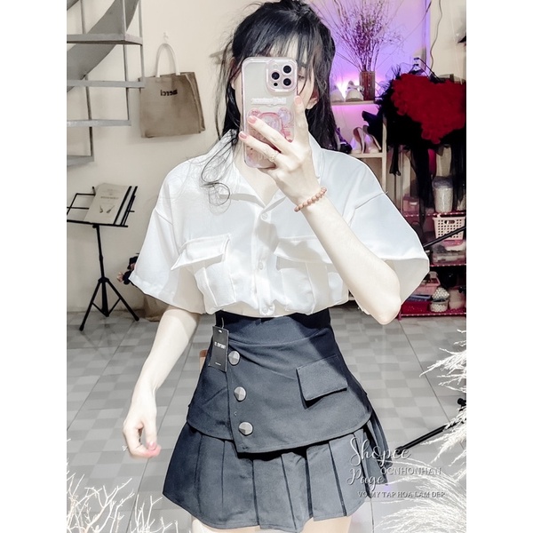 Set áo sơmi túi nắp phối chân váy tầng nút