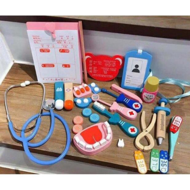 Đồ chơi bác sĩ cho bé, đồ chơi dụng cụ y tế nha khoa bằng gỗ cao cấp an toàn.