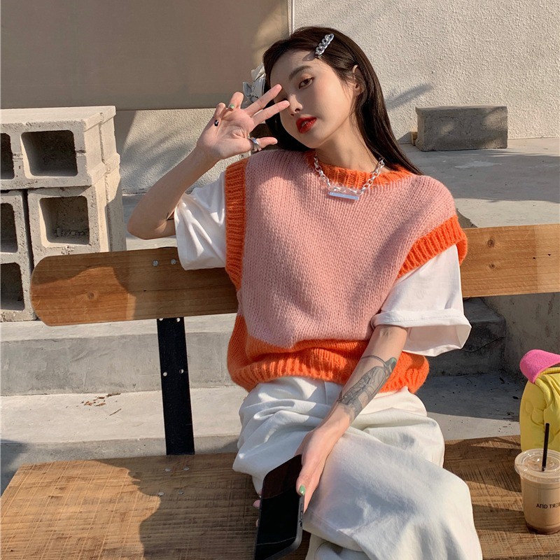 Áo len không tay cổ chữ V màu sắc tương phản thời trang