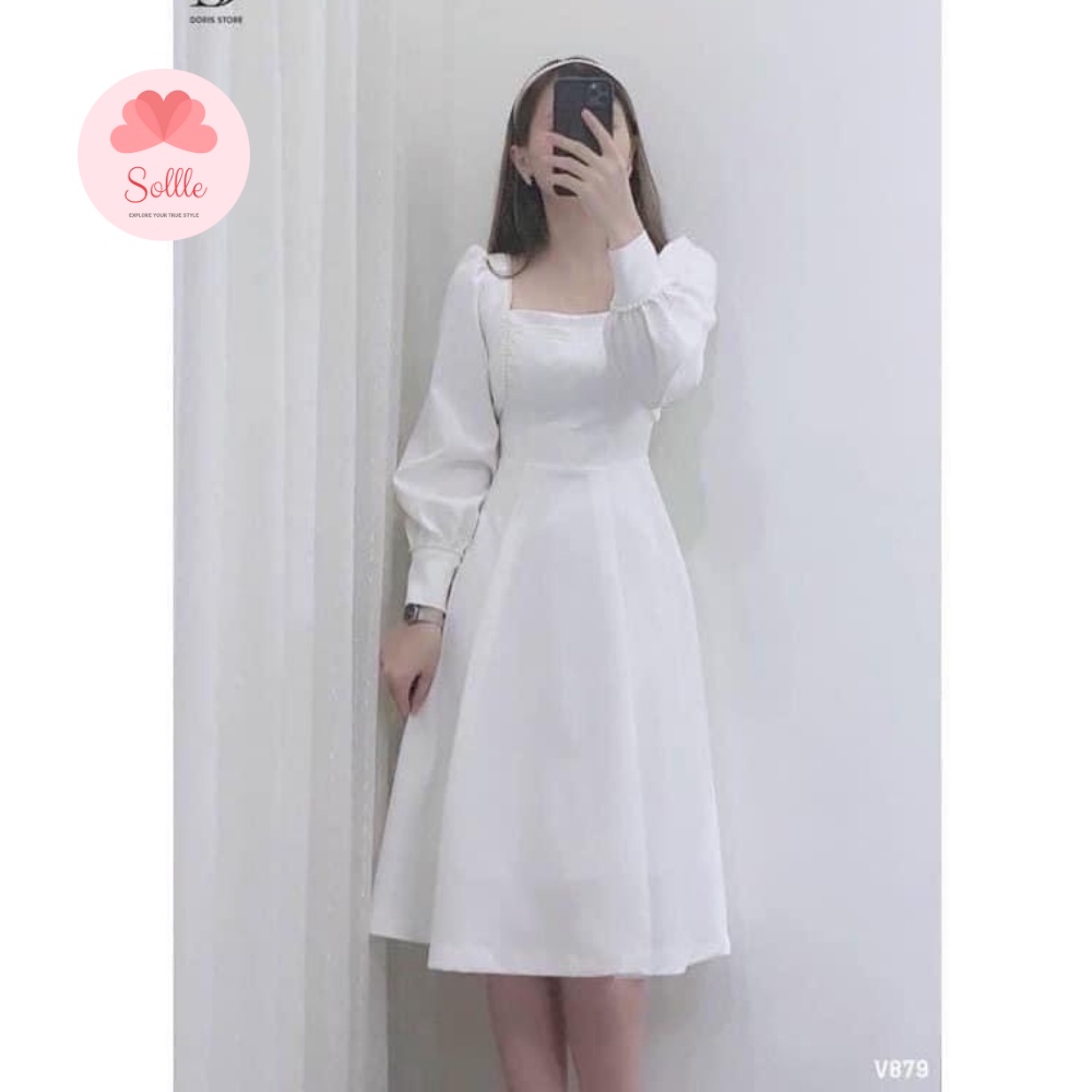 Đầm thiết kế váy trắng cổ vuông phối ren hạt tay bồng tiểu thư chun lưng Hàn Quốc Sollle