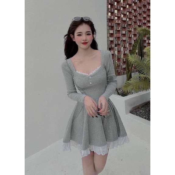 Đầm Nữ Tay Dài Tùng Xoè Phối Ren Hàng Đẹp Chuẩn Ảnh