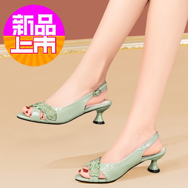 Giày Sandal Da Thật Hở Mũi Đính Đá Thời Trang 2022 Cho Nữ