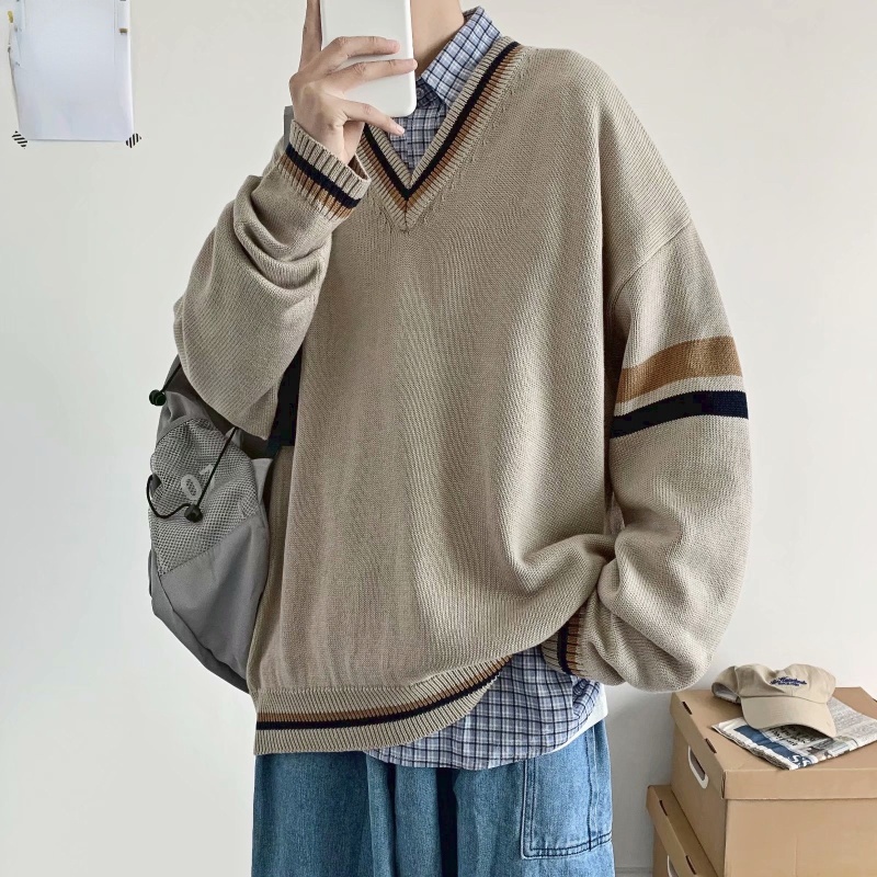 Áo Sweater Dệt Kim Tay Dài Dáng Rộng Cổ Chữ V Thiết Kế Đơn Giản Thời Trang Cho Nam