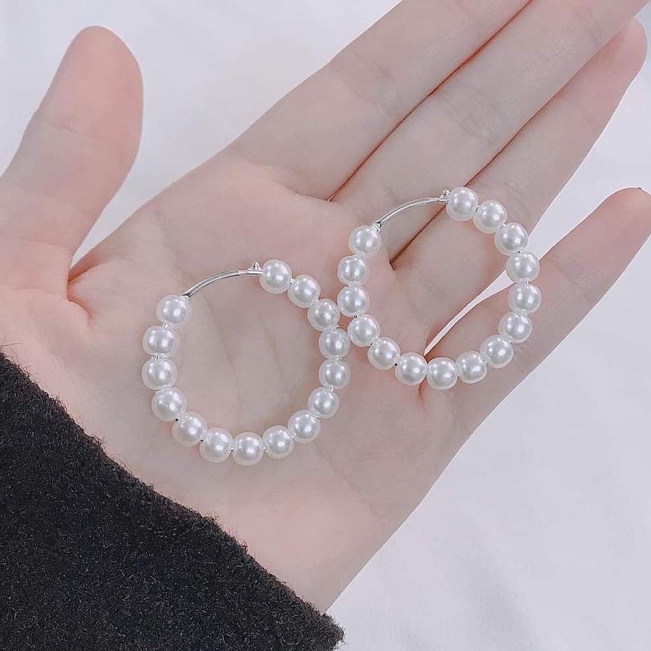 Khuyên tai bạc Van Jewelry V10734 Khuyên tròn to xỏ ngọc trắng