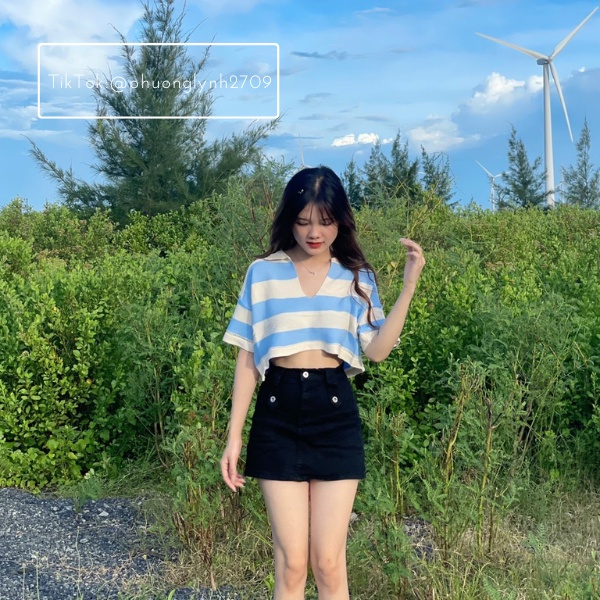 Áo len dệt kim croptop , áo croptop cổ v kẻ sọc đơn giản PLA82 | BigBuy360 - bigbuy360.vn