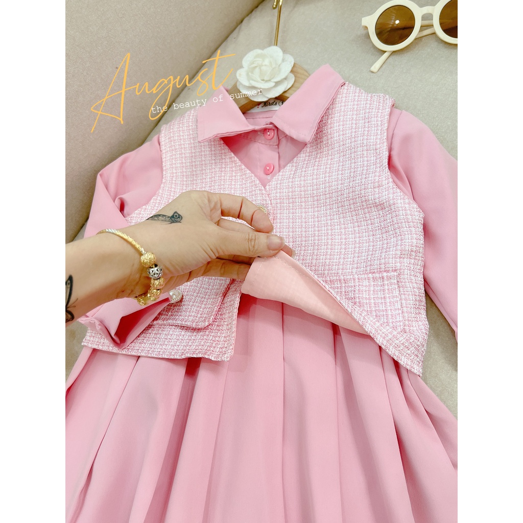 Sét váy kèm áo gile cho bé gái, Sét váy có cổ phần váy xếp ly kèm áo gile dạ vải đẹp xịn xò cho bé size 12-32kg