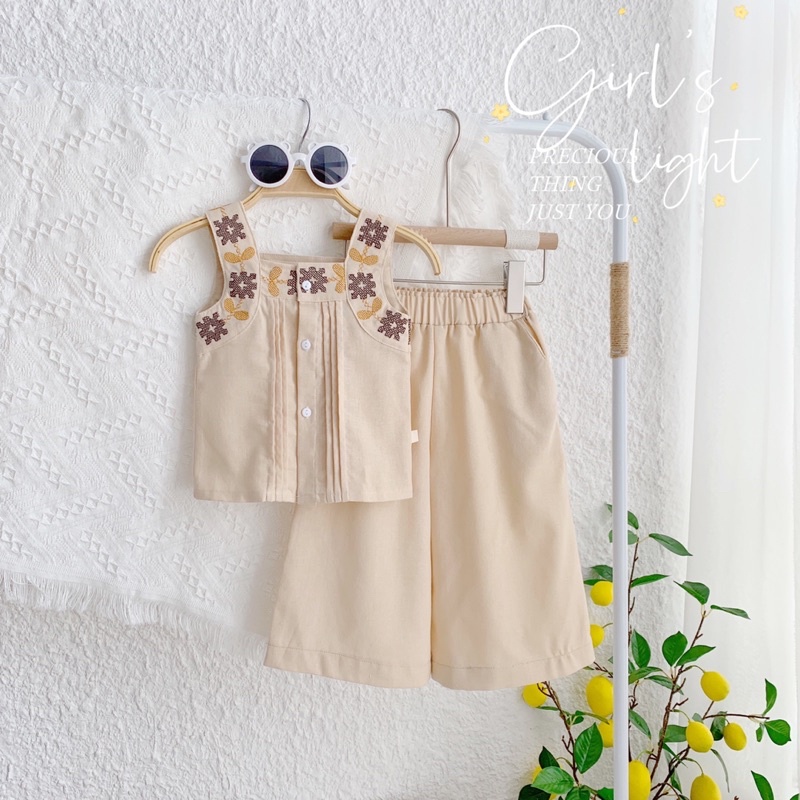 Bộ áo 2 dây thêu quần ống sớ vải line cho bé gái