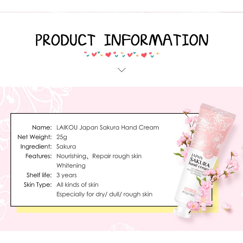 Kem dưỡng da tay LAIKOU hoa anh đào Nhật Bản nuôi dưỡng làm sáng phục hồi làn da thô ráp cao cấp 30g