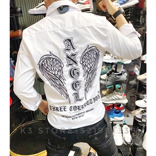 Áo sơ mi nam tay dài đẹp màu trắng was hình thêu toàn áo chất kaki dày dặn K3 STORE