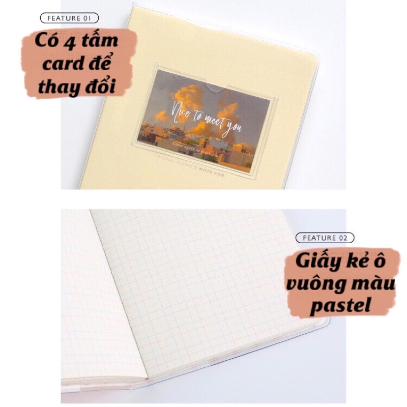 Sổ tay Note For ruột grid ô vuông bìa màu pastel aesthetic kèm 4 card ảnh