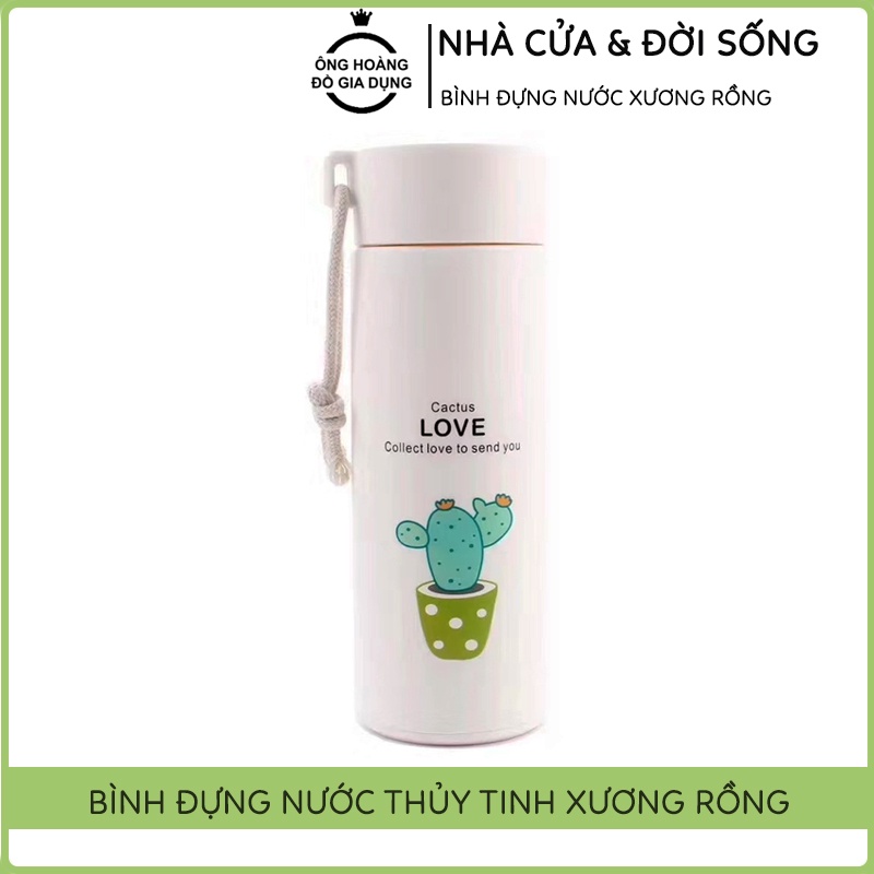 Bình Đựng Nước Giữ Nhiệt Xương Rồng 2 Lớp Thủy Tinh Dung Tích 450ml, Nhiều Màu Sắc