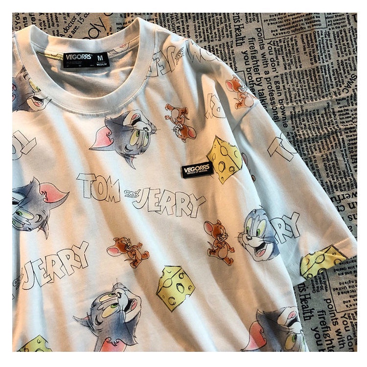 Áo Thun Tay Ngắn Họa Tiết Hoạt Hình Phong Cách Retro Cho Cặp Đôi