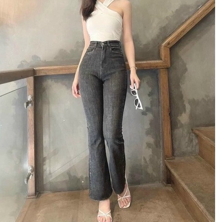 Quần Jean Nữ Aiori Ống Loe Lưng Cao Màu Xám Lai Cắt Bò Bass Trơn Dáng Dài Vải Co Giãn Tốt Mềm Mịn