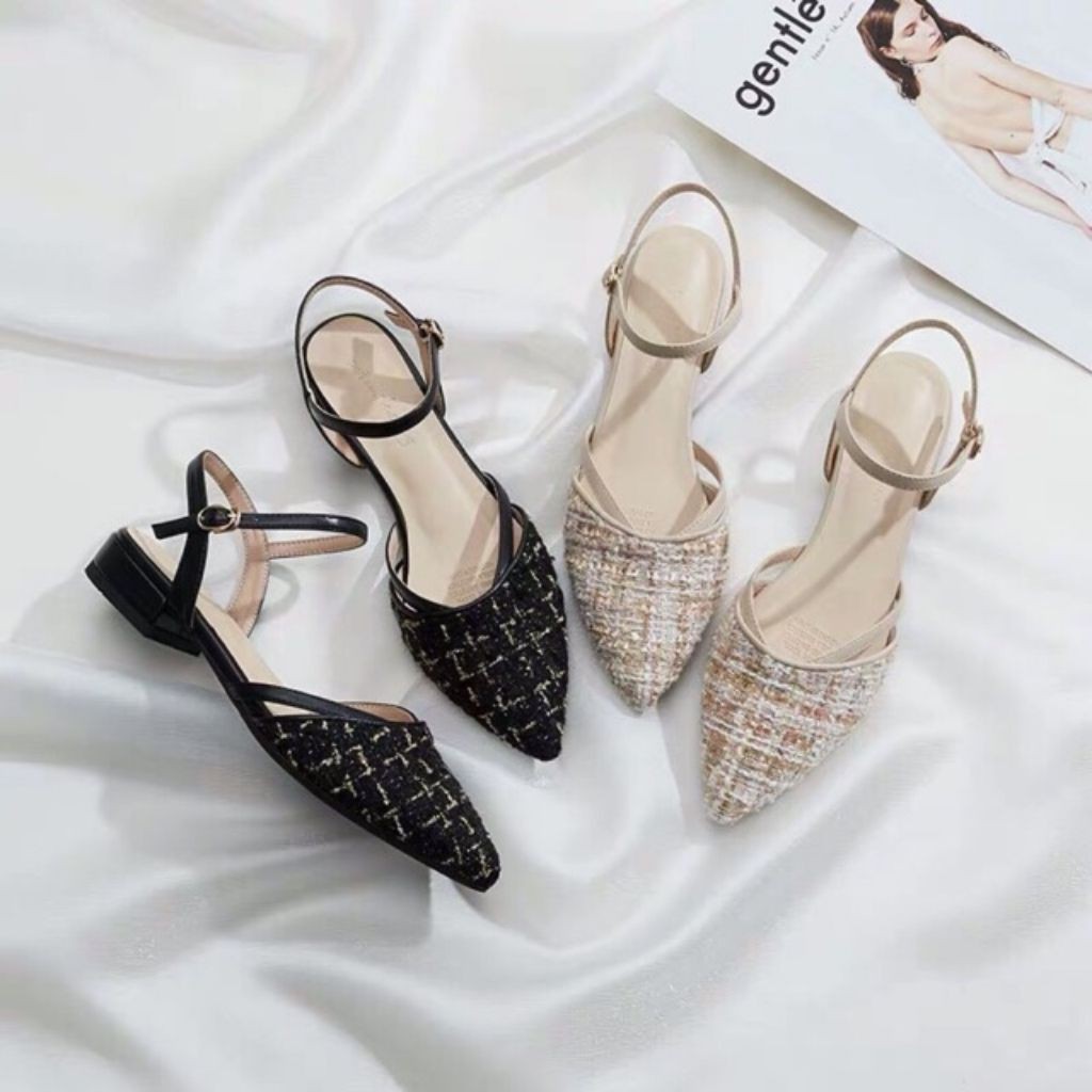 Giày Sandal Nữ Bít Mũi Hở Gót Nữ Có Quai Hậu Đế 1.5 Cm Mũi Dạ Kim Tuyến Sang Chảnh