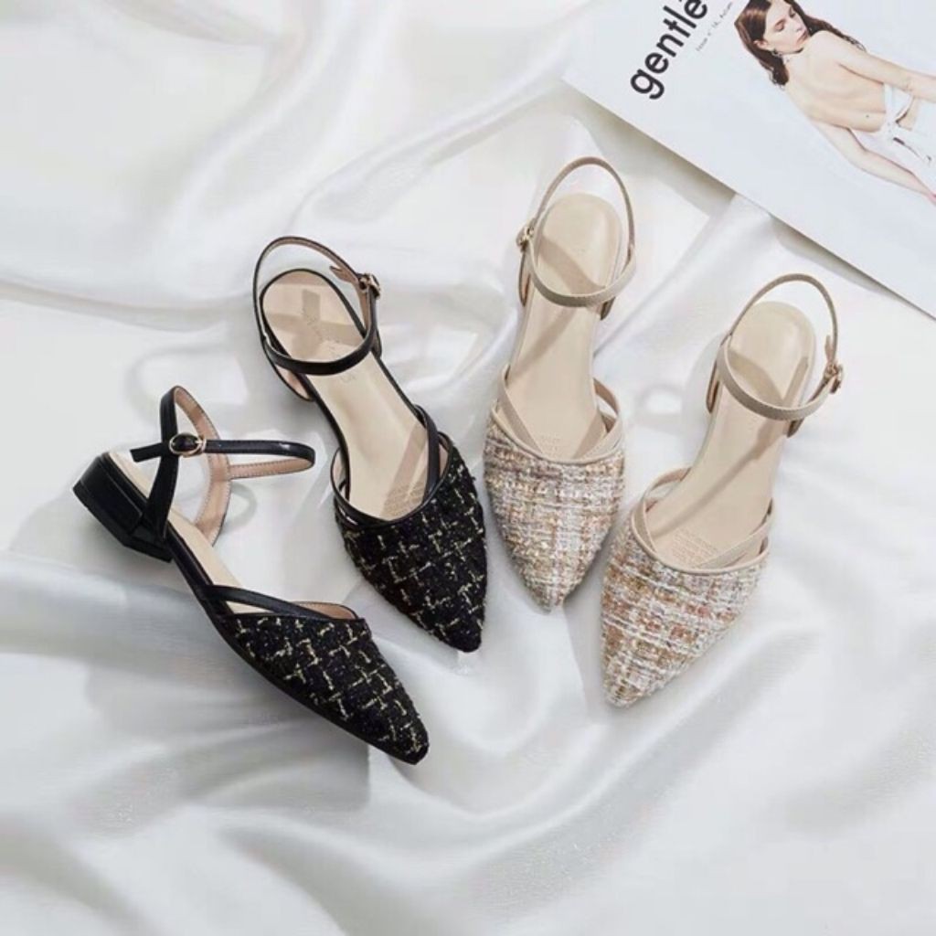 [ Free Ship - Hàng Loại 1] Giày Sandal Nữ Bít Mũi Hở Gót Nữ Có Quai Hậu Đế 1.5 Cm Mũi Dạ Kim Tuyến Sang Chảnh