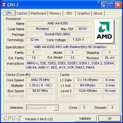 CPU AMD A4 6300k (1M Cache, 3.7Ghz)