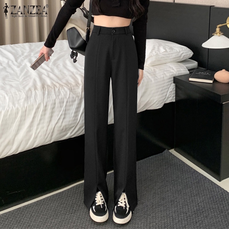 Quần dài Zanzea lưng cao màu trơn xẻ tà trước thời trang cho nữ