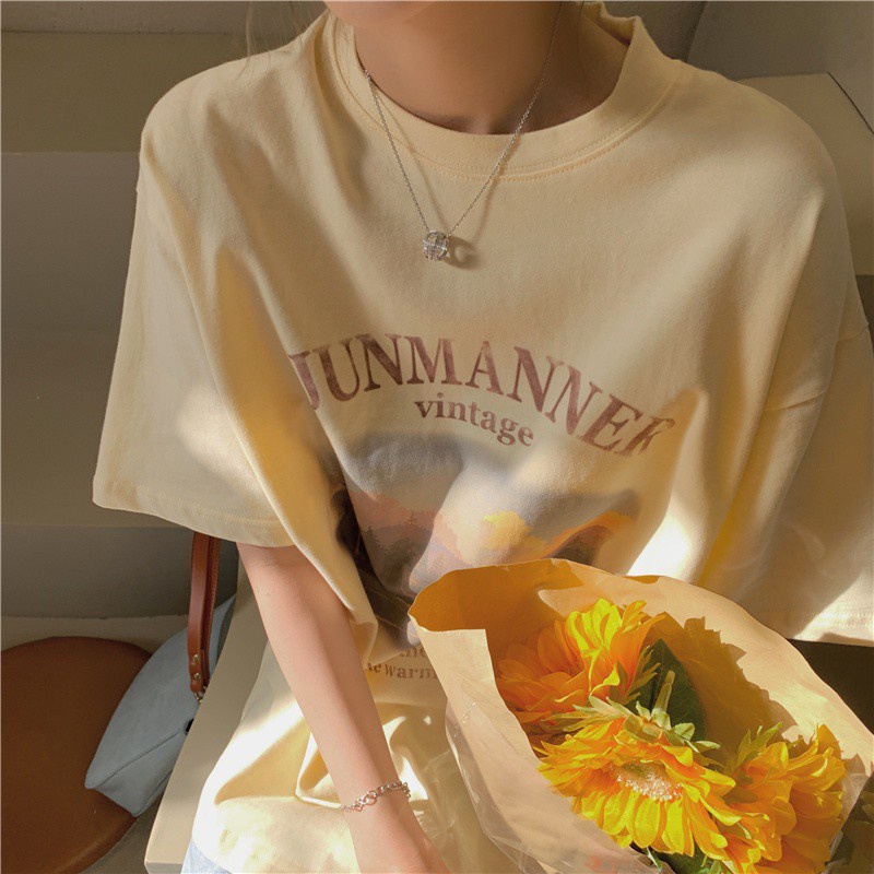 SUXI Áo thun tay ngắn cổ tròn in họa tiết phong cách cổ điển dành cho bạn nữ