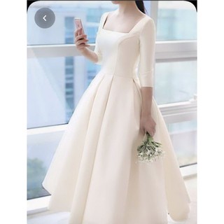 Váy cưới Satin phong cách Hàn Quốc. Đầm cô dâu thiết kế cổ vuông tay lỡ sang trọng