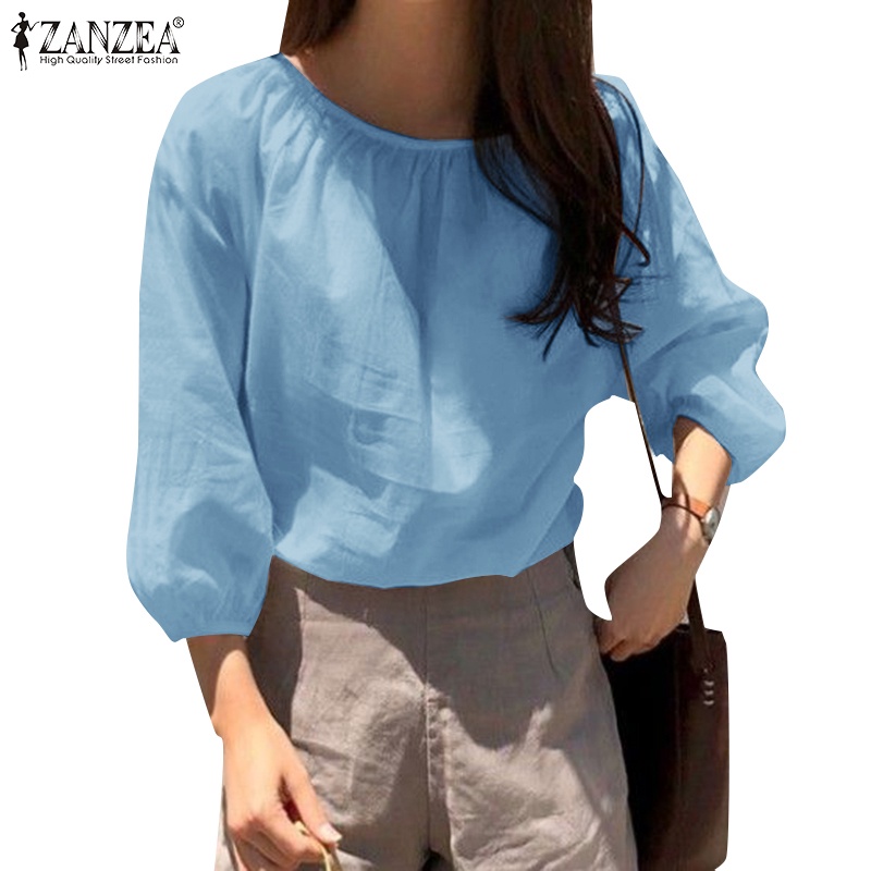 Zanzea Áo Kiểu Tay Phồng 3 / 4 Cổ Tròn Xếp Ly Thời Trang Đường Phố Thanh Lịch Cho Nữ