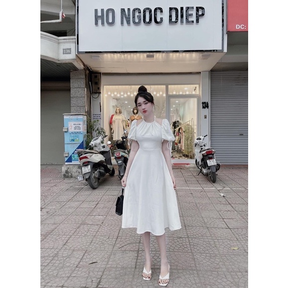 Váy cổ yếm hở vai tay bồng dáng xoè tiểu thư sang chảnh(kèm video ảnh thật chụp canh) | BigBuy360 - bigbuy360.vn