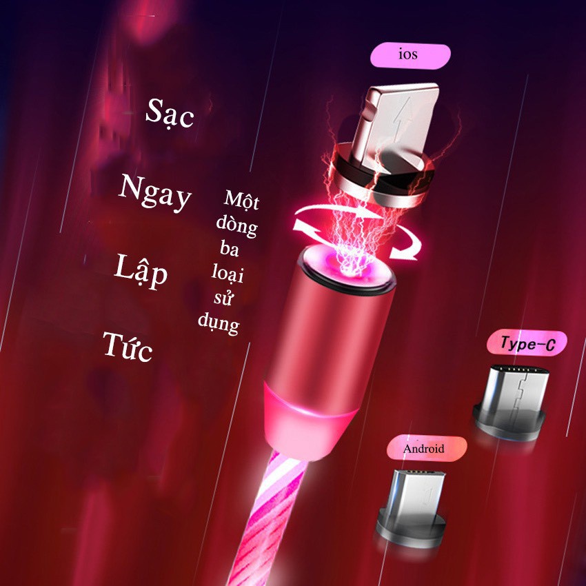 Cáp Sạc Nam Châm Đèn Led Phát Sáng Siêu Đẹp Hỗ Trợ 3 Đầu Sạc