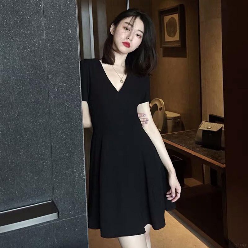 Đầm Nữ Tay Ngắn Cổ Chữ V Màu Trơn Phong Cách Hàn Quốc | BigBuy360 - bigbuy360.vn