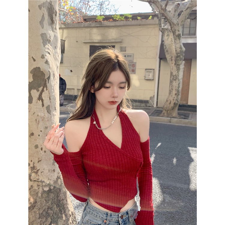 Áo dệt kim tay dài trễ vai thời trang cho nữ