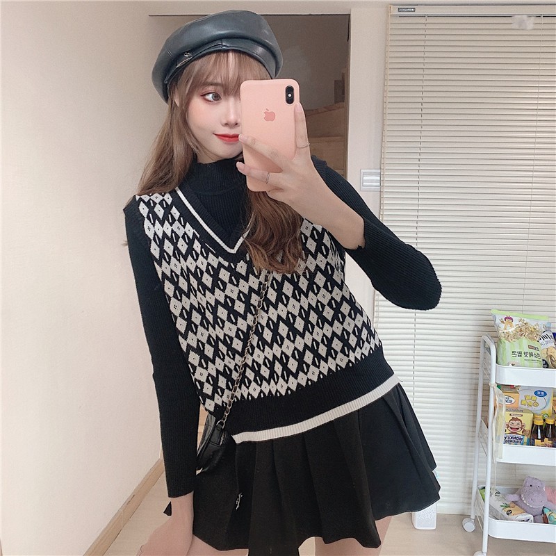 SUXI Áo Len Nữ Không Tay Cổ Chữ V Phong Cách Hàn Quốc