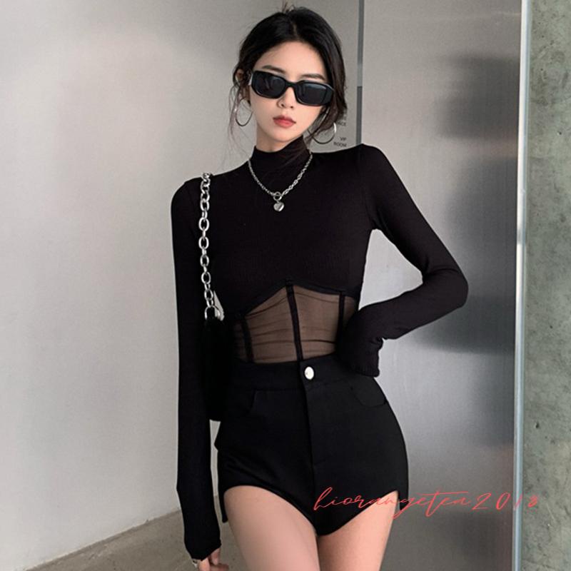 Áo Thun Nữ Tay Dài Cổ Cao Phối Lưới Thời Trang