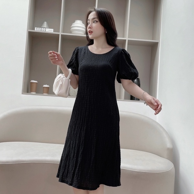 Đầm Đi Chơi NHẬT VY Suông Cổ Tròn Tay Phồng Bo Thun Có Túi Chất Vải Xốp Thun Màu Đen, Hồng, Trắng, Xanh Bơ - D2348