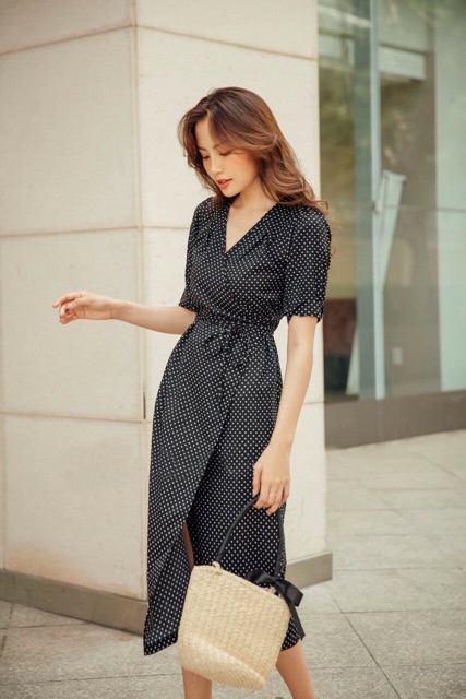 Đầm Maxi Đắp Tà Chấm Bi đỏ đen xt ( kèm clip)