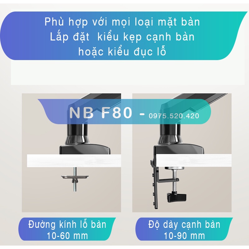 NB–F80 /Giá Treo Màn hình máy tính/ Tay treo màn hình/ Xoay 360 độ [Màn Hình 17&quot; - 27&quot;] – [ Ưu việt hơn XL03/ M051]