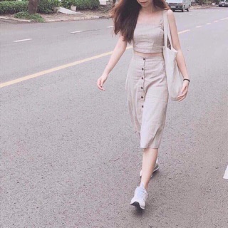 Set áo croptop + chân váy midi