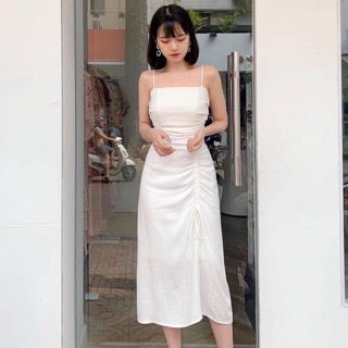 Đầm trắng 2 dây rút hông