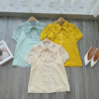 Áo sơ mi tơ 2 bèo chéo viền đen minz a006