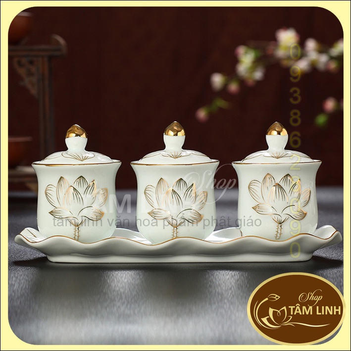 Bộ án 3 ly sứ bạch ngọc có nắp