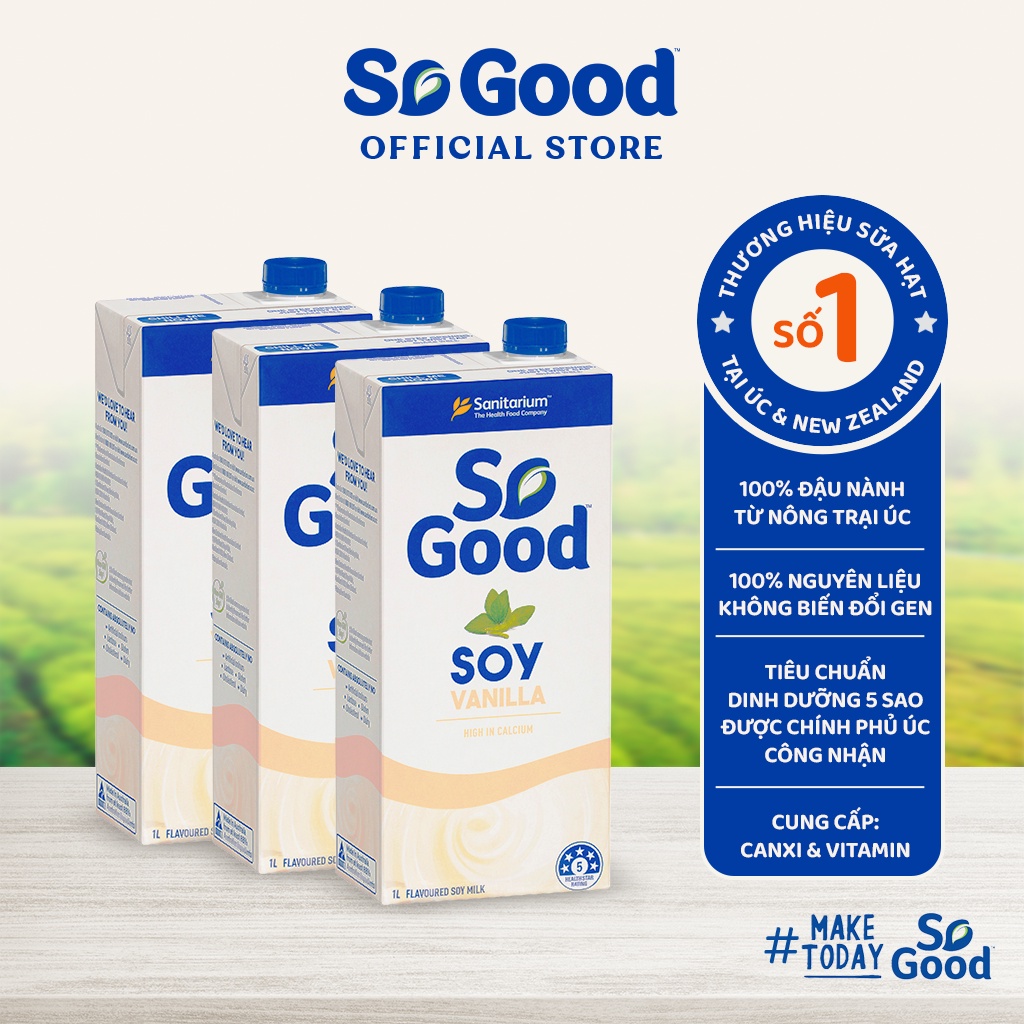 Combo 3 hộp sữa hạt đậu nành Vanilla SO GOOD Úc 1L ít ngọt bổ sung canxi và vitamin, phù hợp mẹ bầu