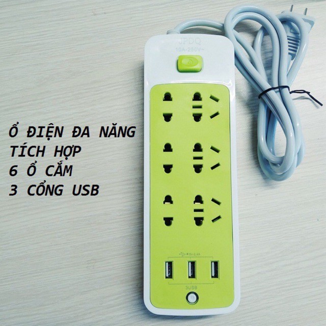 Ổ Cắm Điện Đa Năng Màu Xanh Tích Hợp 6 Ổ Cắm, 3 Cổng USB Chống Giật,  An Toàn Khi Sử Dụng