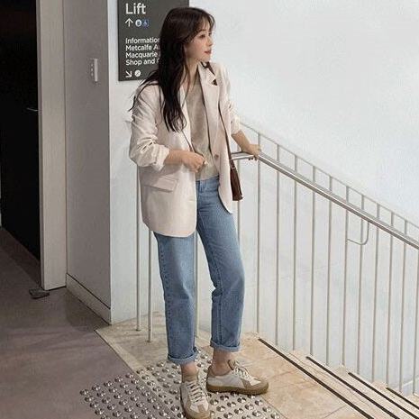 Áo Khoác Vest Dáng Rộng Màu Trắng Thời Trang Thu Đông Phong Cách Hàn Quốc Cho Nữ Blazer