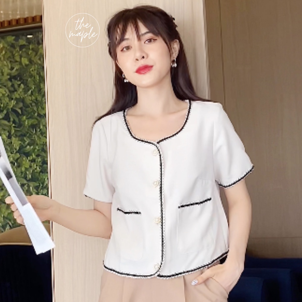 Áo kiểu cổ tròn The Maple form lửng màu kem
