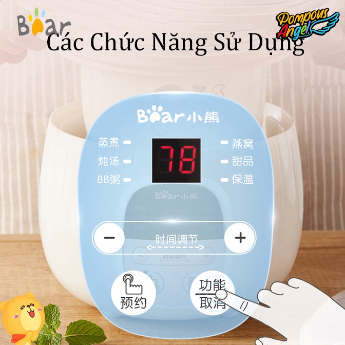 Nồi nấu chậm BEAR DDZ-B08C1 0.8L cho bé, hầm chậm nấu cháo cách thủy, ninh hấp đa năng, chưng yến, kho cá