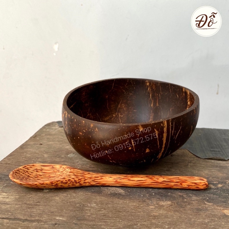 combo 2 món chén ( bát) gáo dừa+ muỗng gỗ dừa 16cm dùng trang trí bàn ăn, trộn mặt nạ bột